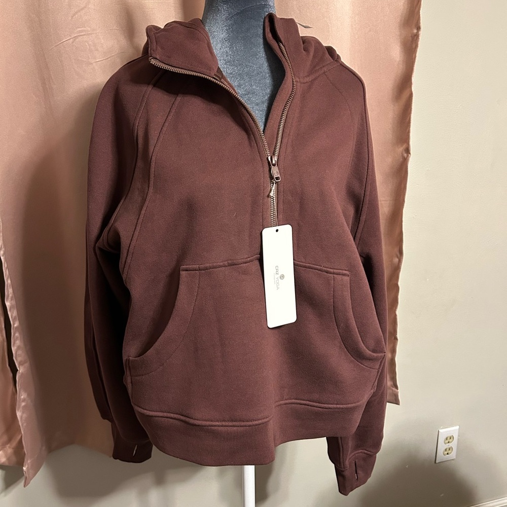 CRZ YOGA Taupe Brown HALF-Zip Hoodie with thumb holes. New with tags!